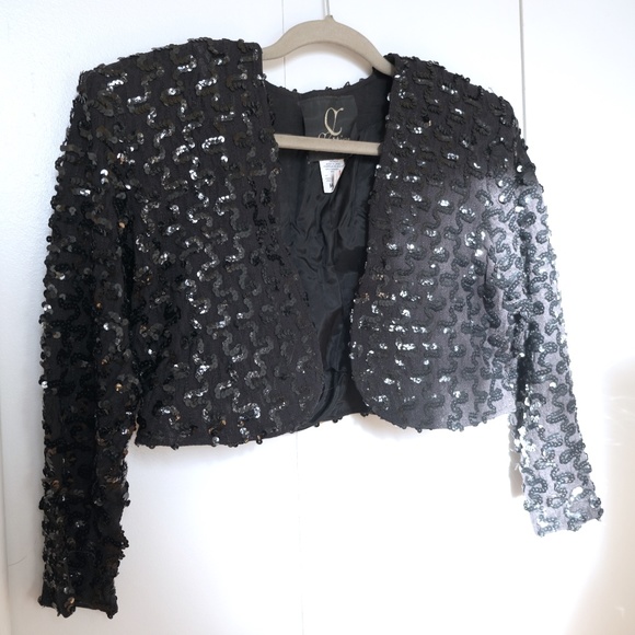 Sequin Cropped Black Jacket w/ Shoulder Pads - Picture 2 of 7